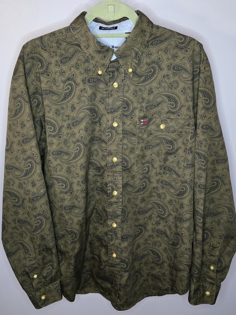 Vintage Bugle Boy Classics Med Dark Green Paisley Long Sleeve Polo 100% Cotton